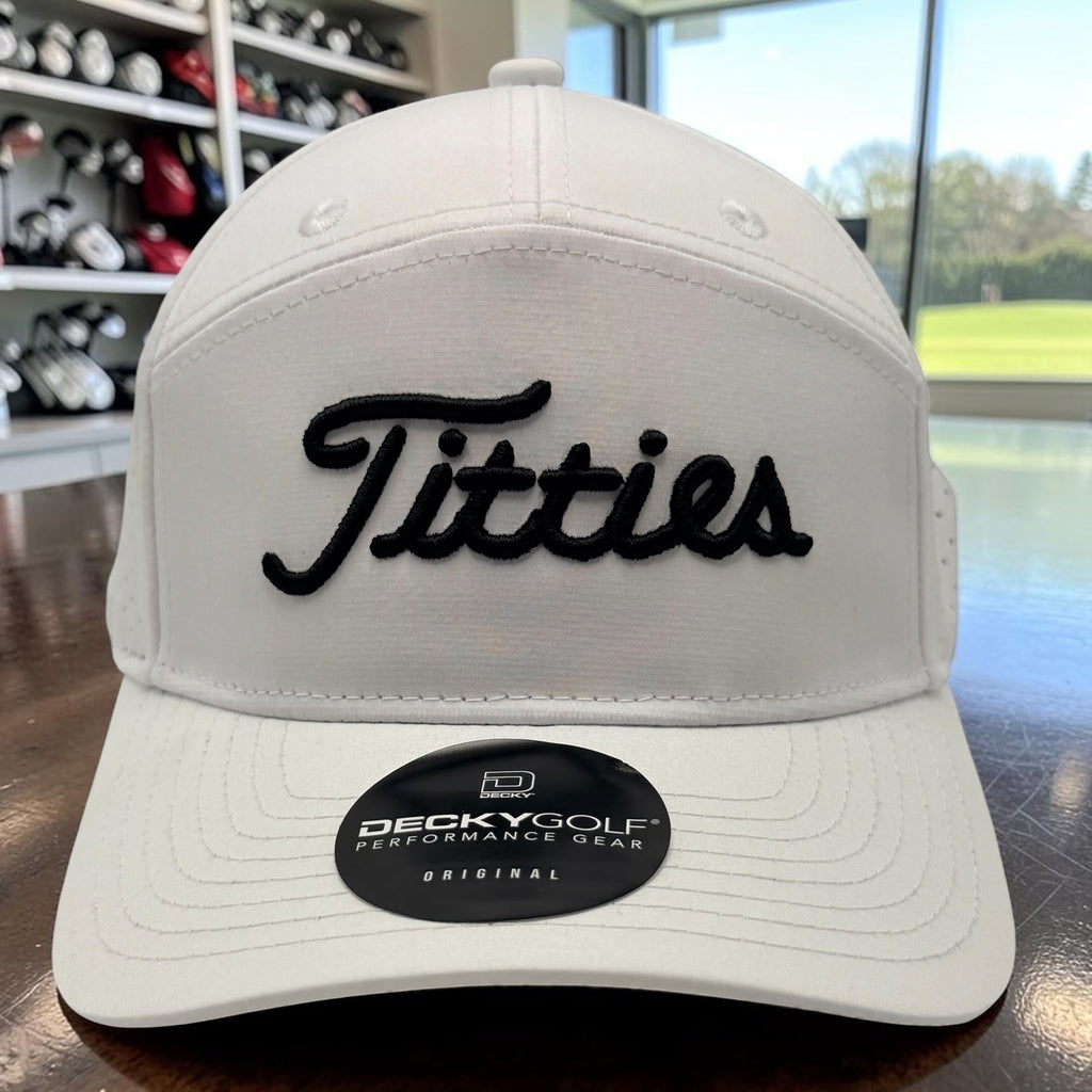 Titties - White Perforated 7 Panel Golf Cap