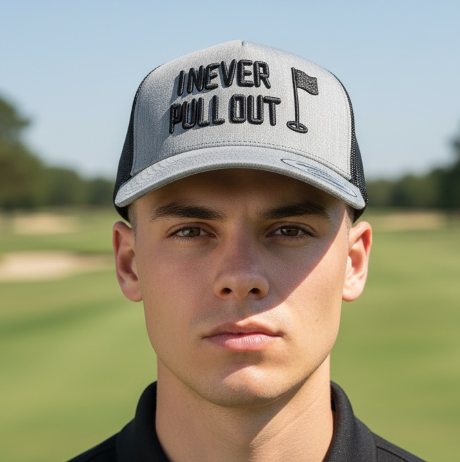 I Never Pull Out – YP Classic 5-Panel Trucker Hat (3D Puff Embroidery)