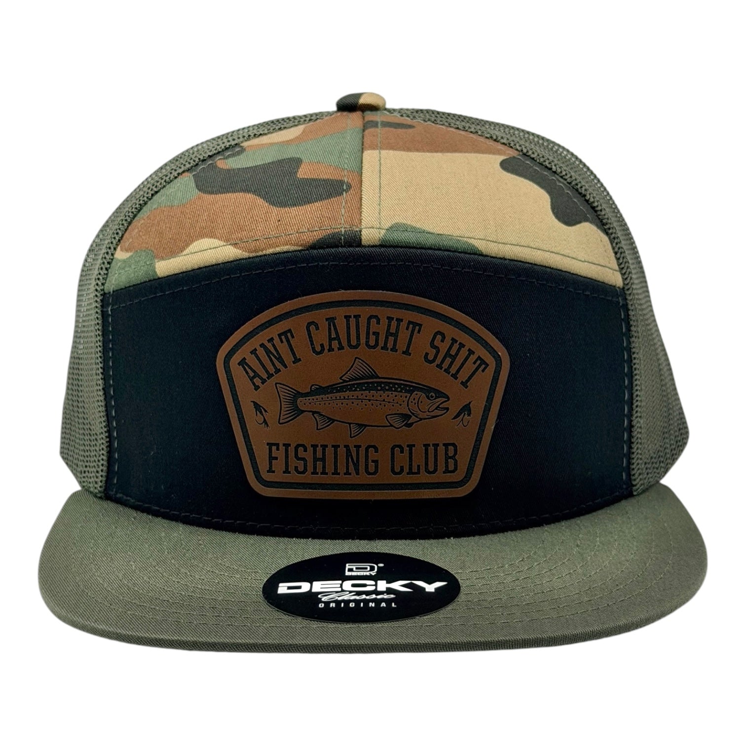 Ain’t Caught Shit Fishing Club – Camo 7-Panel Trucker Hat