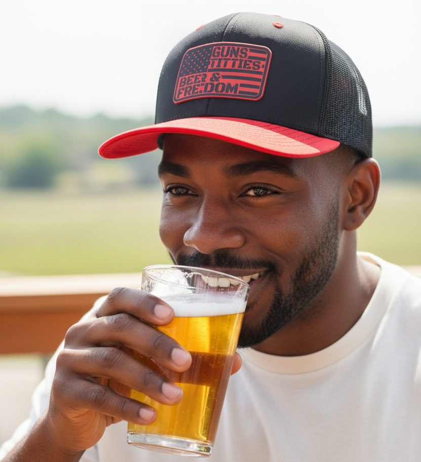 Guns, Titties, Beer & Freedom – Red & Black Trucker Hat