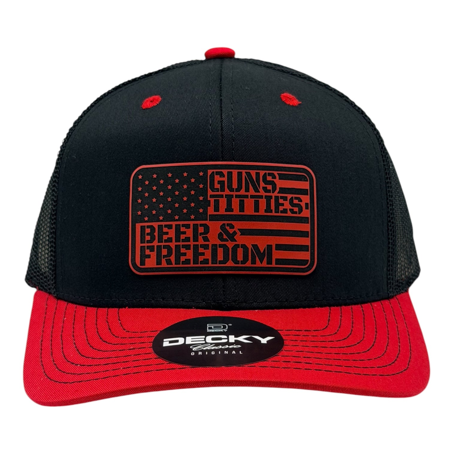 Guns, Titties, Beer & Freedom – Red & Black Trucker Hat